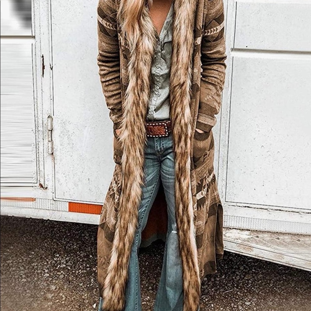 Knee Length Aztec And Fur Cardigan